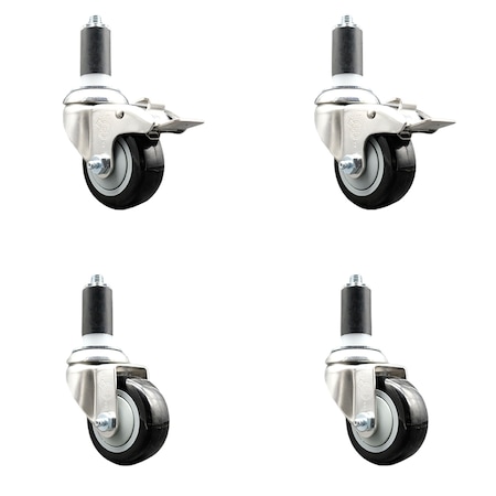 Service Caster 3.5 Inch 316SS Black Polyurethane Swivel 1-3/8 Inch Stem Caster Lock Brake, 2PK SS316TTLEX20S3514-PPUB-BLK-2-S-2-138